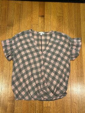 Soft Pink & Gray Plaid Wrap Front Women’s Top